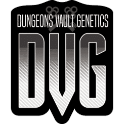 Logo of Dungeons Vault Genetics (DVG) featuring large, stylized gradient letters "DVG" below the company name on a dark background.