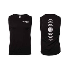 Front and back view of the NASC Moon Tank Top - Women's. The front features a small "NASC" logo on the left chest, while the back displays a graphic of moon phases in a vertical line.