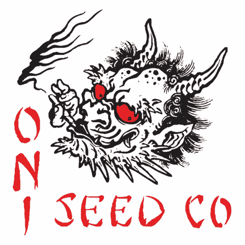 Illustration of a horned and fanged creature with smoke, featuring red "Oni Seed Co" text below it and the word "DISCONTINUED Tachibana (R)" in smaller print.