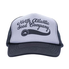 A gray and black NASC Snapback Hat - Black/Grey - Raglan with the text "North Atlantic Seed Company" on the front and a small circular logo at the bottom left side of the text.