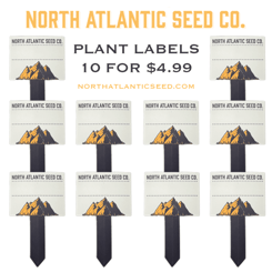 Image showing a set of ten plant labels from North Atlantic Seed Co., priced at $4.99. Each label features the company's logo with a mountain design.