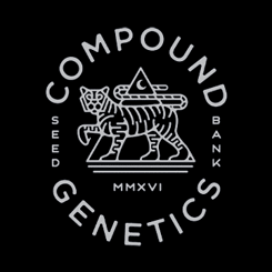 Logo of Compound Genetics Seed Bank featuring a stylized tiger with an abstract design and the text "MMXVI" below it, on a black background.