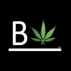 Letter "B" followed by an image of a cannabis leaf, with a horizontal white line underneath, all on a black background.