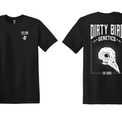 Front and back view of the Dirty Bird Genetics T-Shirt featuring "Dirty Bird Genetics" text and bird skull graphic on the back, with a small "Dirty Bird" text and logo on the front.