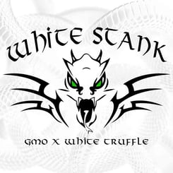 Logo for "White Stank (F)" featuring a stylized dragon face with green eyes and the text "GMO x White Truffle." The background has a subtle, abstract white pattern.