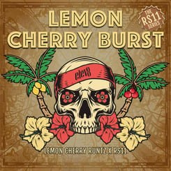 Illustrated banner featuring a skull wearing a red headband, surrounded by palm trees and hibiscus flowers. Text reads "Lemon Cherry Burst (F)" and "Lemon Cherry Runtz x RS11.