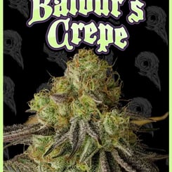 Image of a cannabis bud with the text "Baldur's Crepe" in stylized font above it. The background features a pattern of dark, abstract shapes.