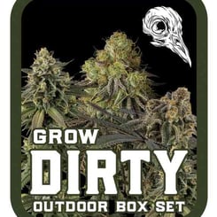 Image of a product labeled "Grow Dirty Outdoor Box Set," featuring a graphic of cannabis plants and a stylized bird skull in the corner.