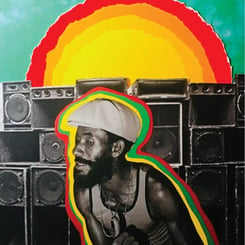 A man in a tank top and hat is seen with a backdrop of speakers and a vivid, artistic illustration of a sunburst in the background, reminiscent of The Upsetter Lee "Scratch Perry" (F) style.