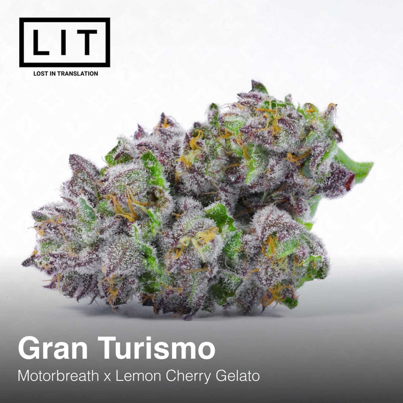 Close-up image of a cannabis bud labeled "Gran Turismo [7/10 drop]" from LIT, a cross between Motorbreath and Lemon Cherry Gelato, with hints reminiscent of Lemon Cherry Salts.