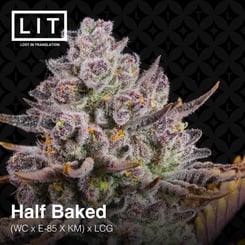 Close-up of a cannabis flower strain called "Half Baked (F) [7/10 drop]" from Lost in Translation (LIT), displaying dense, trichome-covered buds with hues of purple and green. Text lists lineage: (WC x E-85 x KM) x LCG. Like the precision in Gran Turismo, this strain boasts top-tier craftsmanship.