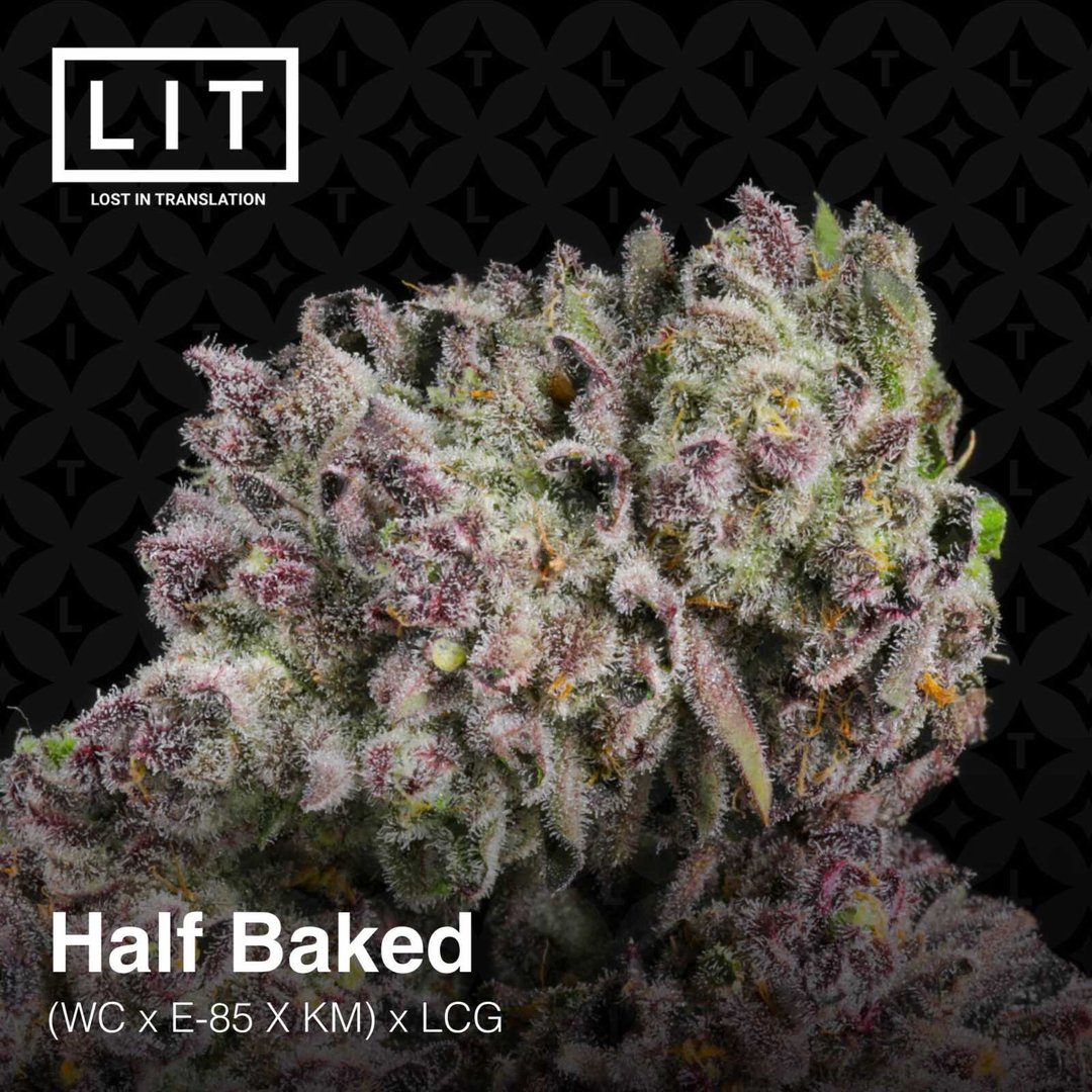 Close-up image of "Half Baked (F) [7/10 drop]" cannabis buds showing purple and green hues with a "Lost in Translation" logo in the top left corner. Text below reads "(WC x E-85 x KM) x LCG". The vibrant colors evoke the high-speed excitement of Gran Turismo, promising a thrilling experience.