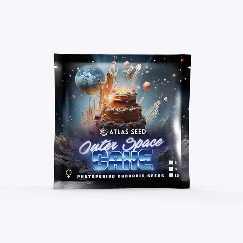 A packet labeled "Outer Space Cake (F)" featuring photoperiod cannabis seeds with an image of a delicious cake set against a cosmic background.