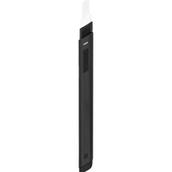 A sleek, black rectangular Hot Knife resembling a hot knife stands vertically against a plain white background. The top part is white, while the main body is black with a small screen and button on its side.