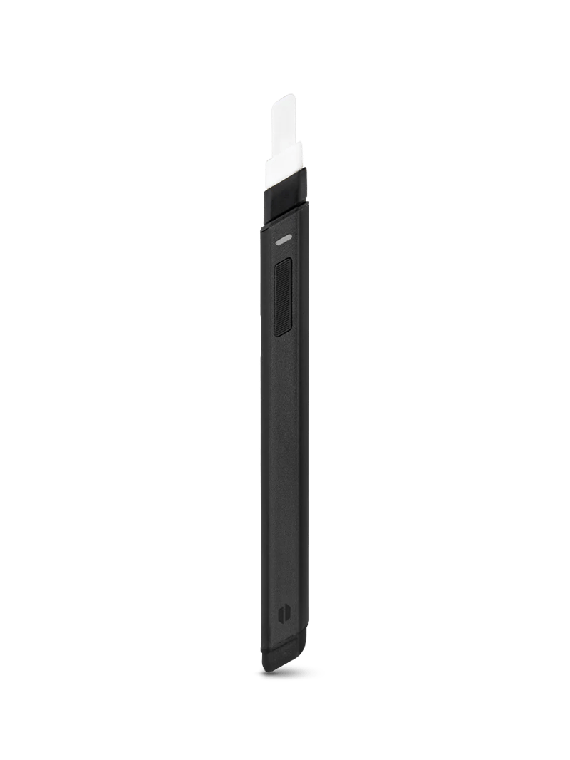 A sleek, black rectangular Hot Knife resembling a hot knife stands vertically against a plain white background. The top part is white, while the main body is black with a small screen and button on its side.