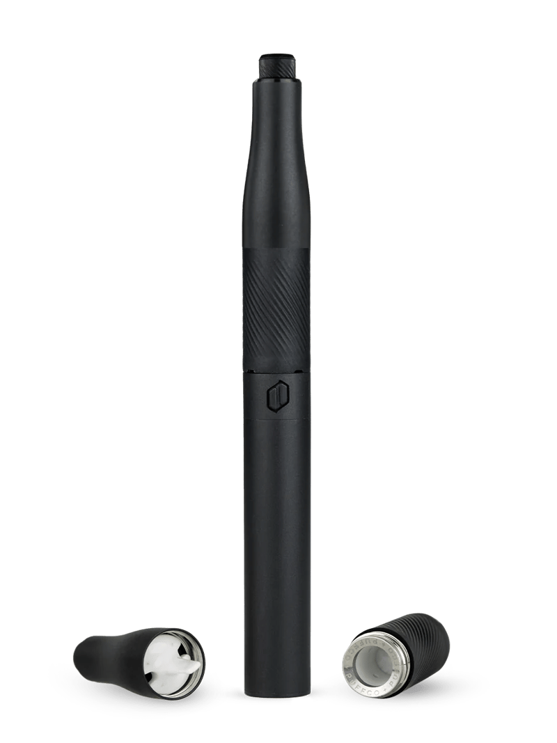 A black pen-style electronic device with two detachable components placed beside it for added versatility and Plus functionality.