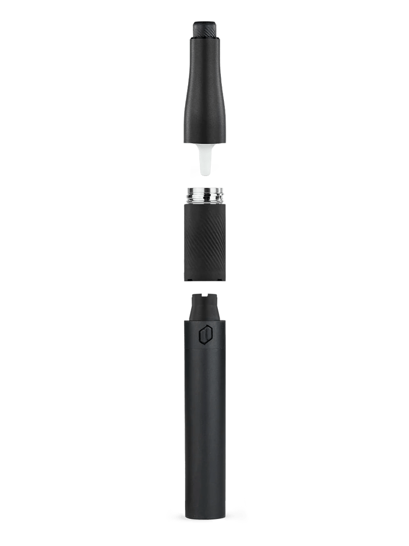 A sleek, black, modular vape pen shown in three separated sections: mouthpiece, coil, and Plus.