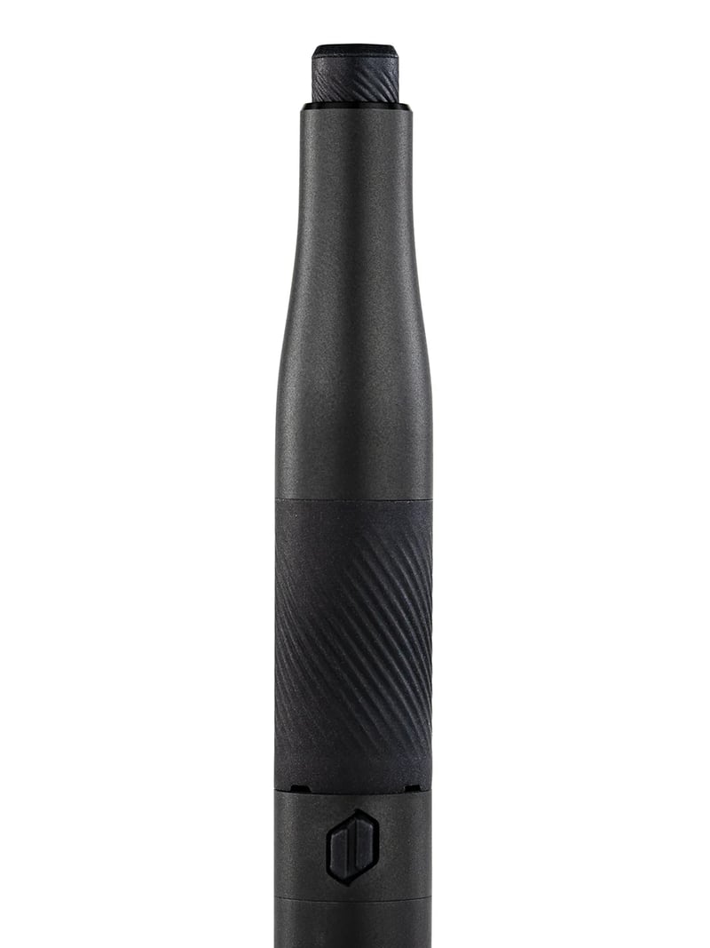 A sleek black cylindrical Plus, featuring a textured grip and a small Plus button near the bottom for easy operation.