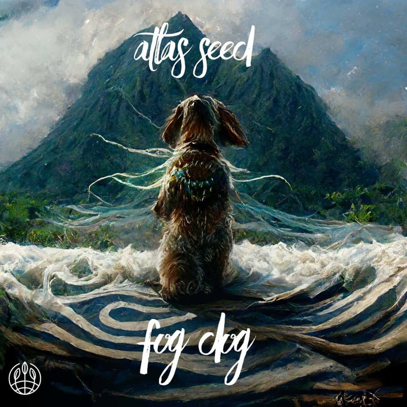 A painting of a dog sitting with its back to the viewer, facing a large mountain under a cloudy sky. Text at the top reads "atlas seed" and at the bottom reads "Fog Dog Auto.