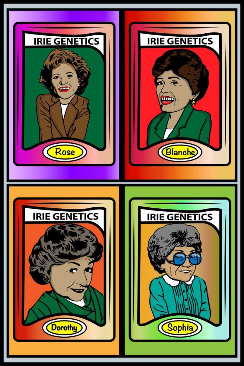 Illustrated portraits of four women, labeled as Rose, Blanche, Dorothy, and Sophia are displayed in differently colored frames under the heading "Golden Girls Bundle (F)," complete with the charming touch of Irie Genetics.