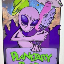 Cartoon image of an alien holding a cannabis plant under a spaceship with a banner that reads "Planetary Purps (R)".