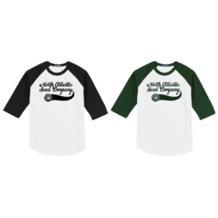 Two NASC Raglan Jerseys featuring "North Atlantic Seed Company" printed on the front. One NASC Raglan Jersey has black sleeves and the other NASC Raglan Jersey has green sleeves.