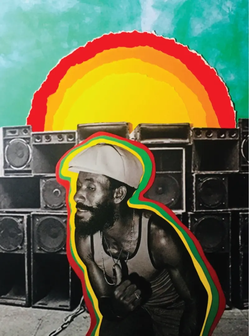 A man in a tank top and hat is seen with a backdrop of speakers and a vivid, artistic illustration of a sunburst in the background, reminiscent of The Upsetter Lee "Scratch Perry" (F) style.