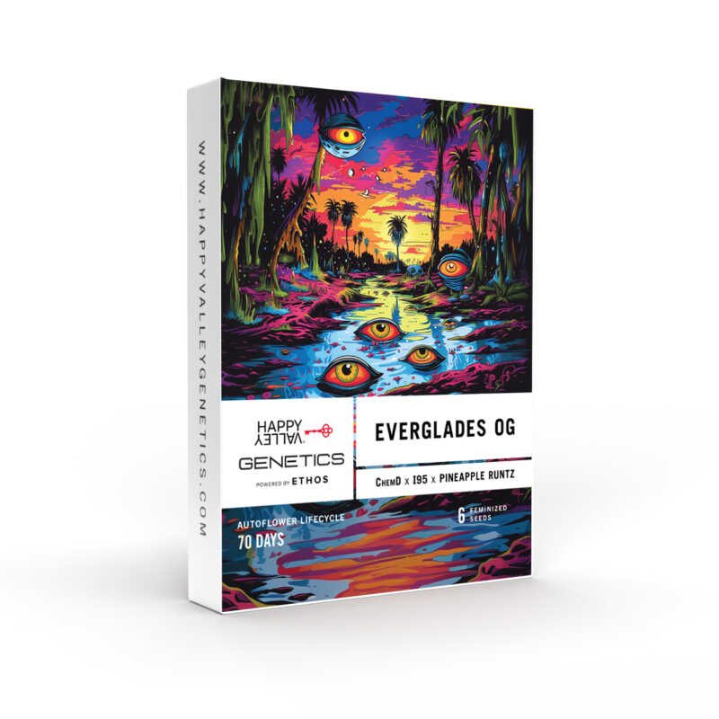 A colorful box labeled "Everglades OG Auto" with vibrant artwork depicting an eye-filled tropical scene. The package, marked Everglades OG Auto, contains seeds and notes an autoflower lifecycle of 70 days.