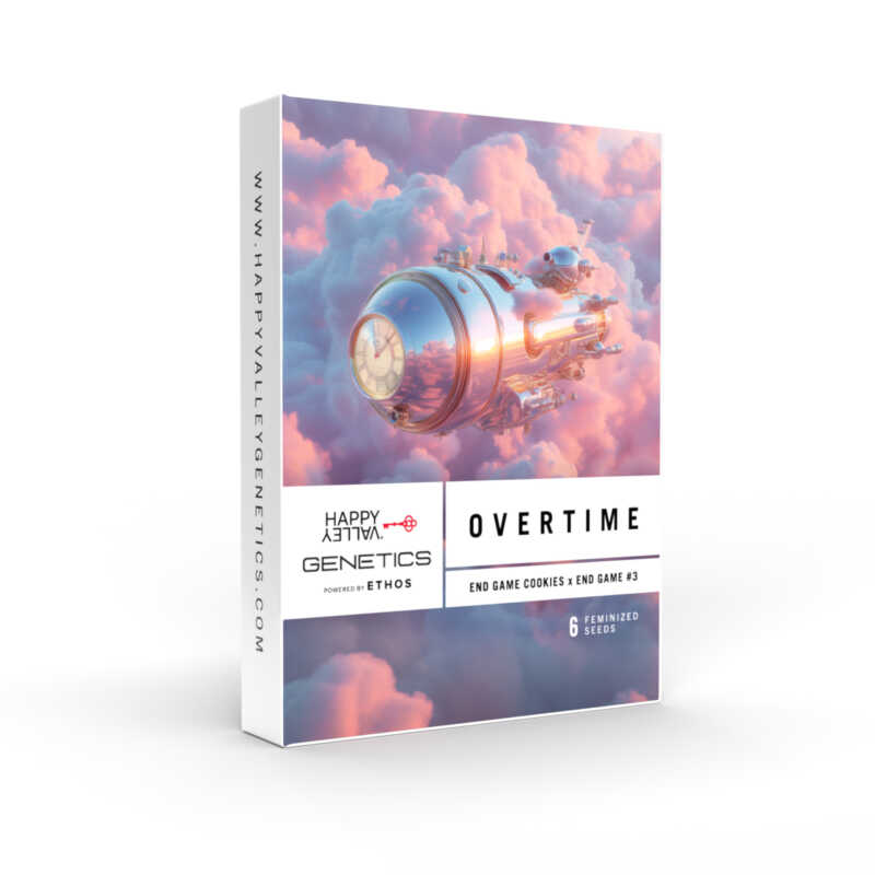 A product package labeled "Overtime (F)" displays a captivating illustration of a spaceship navigating through clouds. The package highlights "Happy Valley Genetics" and notes the inclusion of "End Game Cookies x End Game #3.