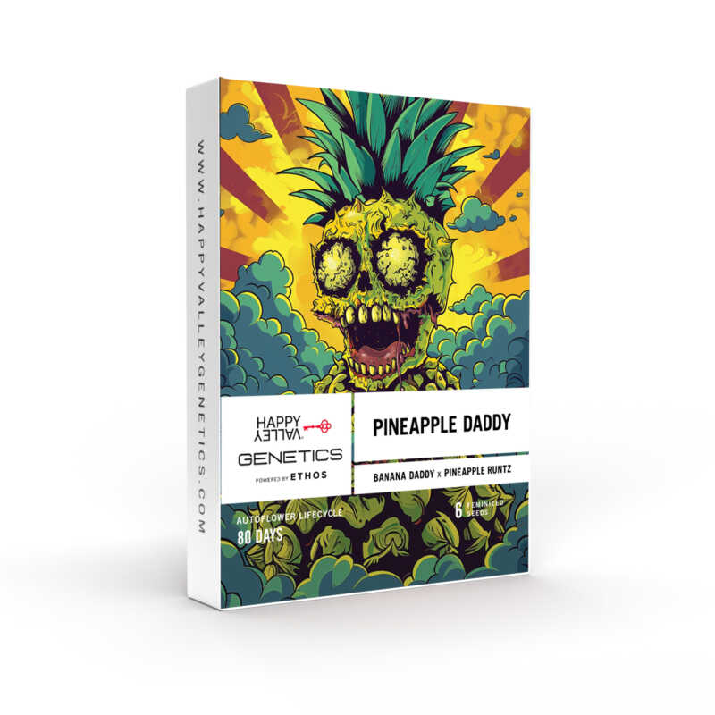 Illustrated packaging for "Pineapple Daddy Auto" cannabis seeds by Happy Trees Genetics, featuring a cartoon pineapple with a zombie face. The package details genetics, flowering time, and includes a website URL. Available in auto-flowering varieties for easy cultivation.