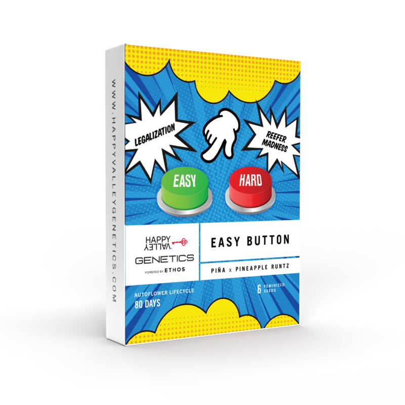 Box of "Easy Button Auto" by Happy Valley Genetics in collaboration with Ethos. The packaging highlights an autoflower lifecycle of 80 days and contains 6 feminized seeds of Piña x Pineapple Runtz strain.