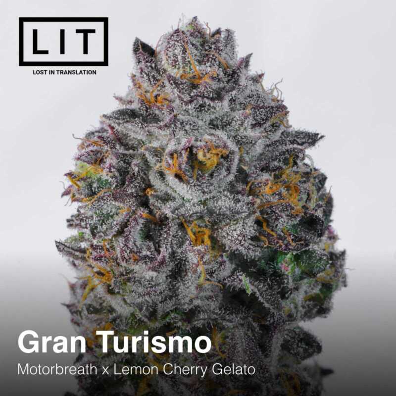 Close-up of a cannabis bud labeled "Gran Turismo [7/10 drop]" with visible trichomes and colorful hairs. Text reads: "LIT Lost in Translation, Gran Turismo [7/10 drop], Motorbreath x Lemon Cherry Gelato featuring Lemon Cherry Salts.