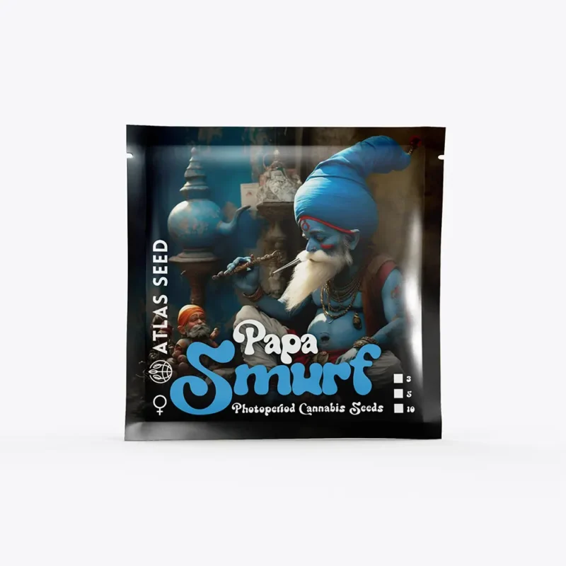 Packaging of "Papa Smurf FAST (F)" photoperiod cannabis seeds from Atlas Seed company, featuring a blue, smurf-like character smoking a pipe.