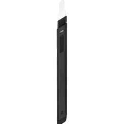 A sleek, black rectangular Hot Knife resembling a hot knife stands vertically against a plain white background. The top part is white, while the main body is black with a small screen and button on its side.