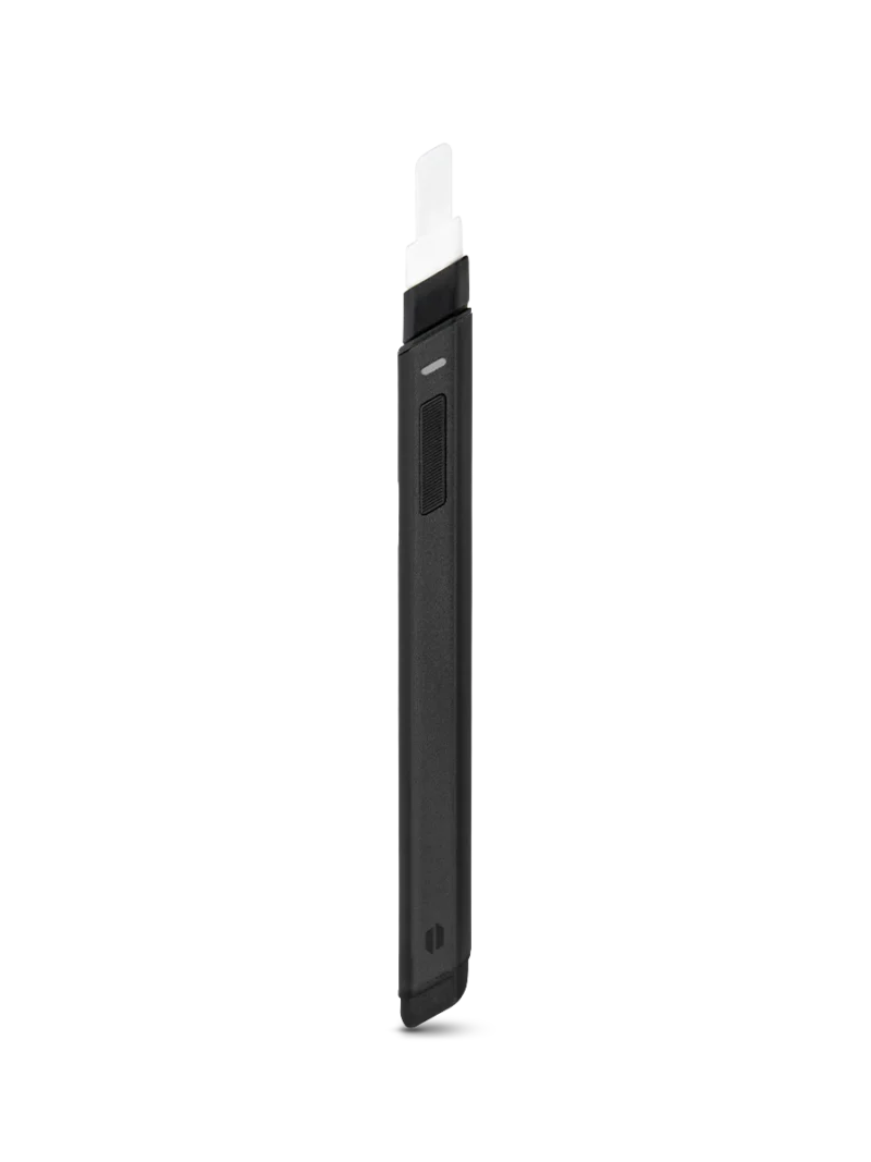 A sleek, black rectangular Hot Knife resembling a hot knife stands vertically against a plain white background. The top part is white, while the main body is black with a small screen and button on its side.