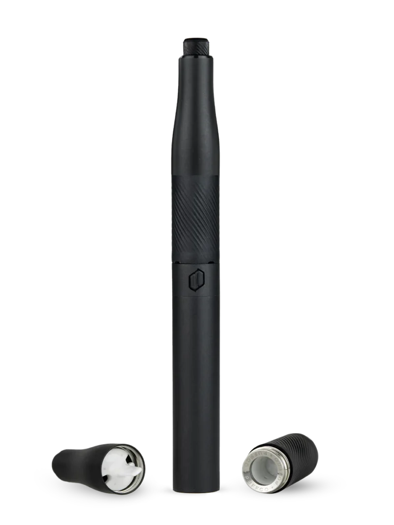 A black pen-style electronic device with two detachable components placed beside it for added versatility and Plus functionality.