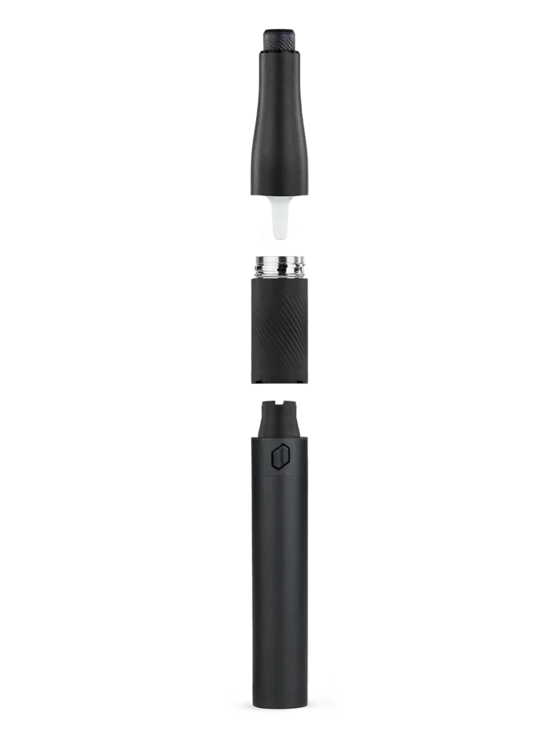 A sleek, black, modular vape pen shown in three separated sections: mouthpiece, coil, and Plus.