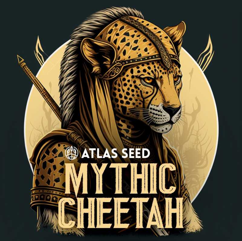 An illustrated Mythic Cheetah wearing armor and holding a weapon, with the text "Mythic Cheetah FAST (F)" below it. The background features a round design with various ornamental details, emphasizing its swift and fast nature.